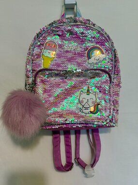 CUTE!  Twinkle Toes~Girls Backpack Purple w/Sparkling Changing sequins & Charm